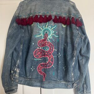 AG Adriano Goldschmied Blue Jean Jacket with Red and Teal Accents